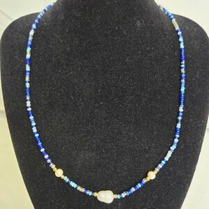 Seed Bead and Faux Pearl Necklace, Blue/White/Gold Tone, 16" Chain